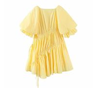 HJUGHPN Robe MOLAN jaune pour femme - Robe tendance vintage - Col rond - Manches courtes - Sexy - Plissée - Solide - Décontractée - Sexy - Robe de fête pour femme (S)