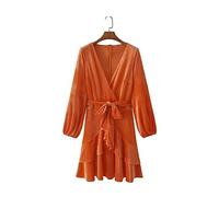 HJUGHPN Robe pour femme avec col en V croisé et ourlet à volants - Mini robe de bureau à manches longues - Ceinture fine décontractée (S)