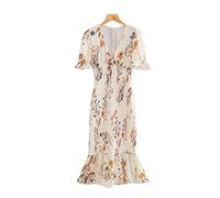 HJUGHPN Robe pour femme chic tendance à imprimé floral - Robe midi vintage avec fermeture éclair dans le dos - Extensible - Taille S