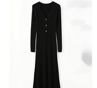 HJUGHPN Robe pour femme - Col en V - Cachemire - Longueur mi-longue - Pour l'automne et l'hiver - Jupe longue - Noir - M