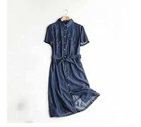 HJUGHPN Robe pour femme en denim fin avec col en jean doux à manches courtes avec ceinture Taille M