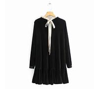 HJUGHPN Robe pour femme en dentelle avec nœud papillon en velours noir - Mini robe à ourlet féminin à volants - Vêtements de fête décontractés (taille M)