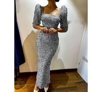 HJUGHPN Robe pour femme, jupe crayon, robe de soirée moulante pour femme, robe de soirée élégante à manches mi-longues (argent, XL)