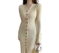 HJUGHPN Robe pull pour femmes automne et hiver à simple boutonnage col en V fendue robe en tricot avec taille vers le bas et robe pull à fond fin