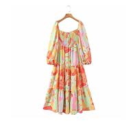 HJUGHPN Robe vintage à manches longues et col carré avec impression numérique pour femme (L)