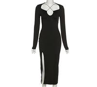 HJUGHPN Robes d'automne pour femme - Robe moulante sexy à manches longues avec fente sur le côté - Robe longue moulante pour fête, club, streetwear (S)