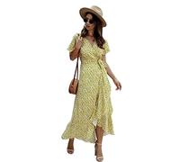 HJUGHPN Robes de printemps et d'été pour femmes, robe à manches courtes à volants, robe pour femme, robe pour femme, robe pour femme, robe sexy à pois élégante (jaune, L)