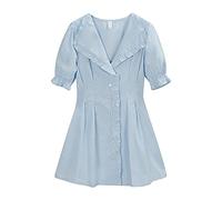 HJUGHPN Robes d'été pour femmes, mini robe décontractée à revers bleu, taille fine, manches bouffantes, robe chemise en dentelle