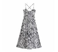 HJUGHPN Robes d'été pour femmes, robe longue blanche, robe midi à imprimé noir, robes vintage avec nœud et bretelles dos nu, robes sexy (L)