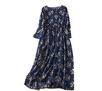 HJUGHPN Robes pour femme Printemps Automne Manches Longues Imprimée Robes pour Femmes Coton Lin Casual Robe Ample Femme Robe Robe Femme Vêtements Élégant