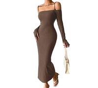 HJUGHPN Robes pour femme - Robe tricotée solide pour l'hiver - Sexy - Robe élégante et fine (marron, L)