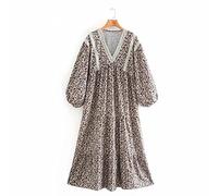 HJUGHPN Robes pour femme vintage col en V dentelle patchwork imprimé floral robe décontractée manches lanterne femme chic rétro (M)