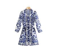 HJUGHPN Robes pour femmes col en V bleu totem imprimé floral nœud ceinture chemise robe femme poitrine décontractée slim mini (L)