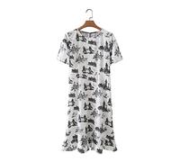 HJUGHPN Robes pour femmes col rond manches courtes peinture encre impression robe décontractée ourlet féminin plis volants droits (S)