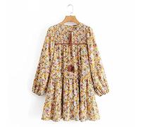 HJUGHPN Robes pour femmes mode plis élastiques imprimé floral décontracté mini robe femme chic col rond nœud d'été (M)