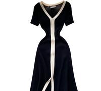 HJUGHPN Robes pour femmes printemps été mode couleur unie col en V tempérament taille mince robes à manches courtes pour femmes (XL)