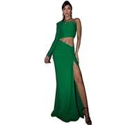 HJUGHPN Robes pour femmes Robe asymétrique ajourée fendue haute froncée à manches longues Sexy Clubwear Femmes Solide Bodycon Robes d'hiver (Vert, S)