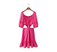 HJUGHPN Robes pour femmes sexy taille ajourée ourlet noué volants mini robe décontractée femme Summe manches bouffantes plissées (L)