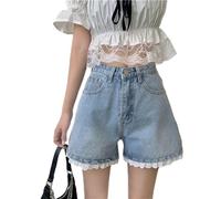 HJUGHPN Short en jean pour femme avec empiècement en dentelle Taille haute Taille L