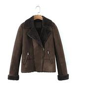 HJUGHPN Veste d'automne et d'hiver en similicuir avec fourrure patchwork pour femmes, col rabattable, fermeture éclair, vêtements d'extérieur col café (S)