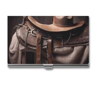 HJUQNGF Porte-cartes de visite en forme de selle de cheval avec chapeau de cowboy - Porte-cartes de visite fin en métal - Pour homme et femme, Argenté, 3.7x2.2x0.3 Inches, Classique