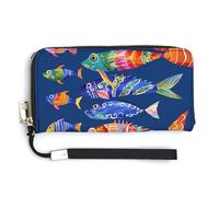 HJUQNGF Portefeuille long en cuir avec dragonne et fermeture éclair - Grande capacité - Motif floral coloré, Style d'art batik, 20.0*10.5cm