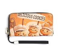 HJUQNGF Portefeuille long en cuir avec dragonne pour femme Motif fleurs sur la table Pochette à fermeture éclair Grande capacité Porte-cartes de crédit Porte-monnaie, Caractère de biscuit, 20.0*10.5cm