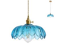 HJXDtech Suspension en Verre Lotus Abat-Jour, Industriel Vintage E27 Plafonnier en Laiton, Hauteur réglable Lampe Suspendue Design pour Cuisine, Salle à manger, Chambre (Bleu)