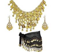 HJYZY Lot de 3 foulards de danse du ventre pour femme - Chaîne de tête à paillettes dorées - Collier de pièces de monnaie - Boucles d'oreilles - Accessoire de danse classique, Métal