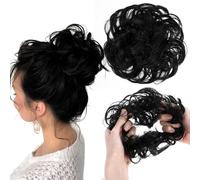 HJZHII 2 Pièces postiche cheveux naturel,chignon magique postiches en cheveux naturels,Grande Postiches Bouclés Ondulés Chouchou Cheveux Naturel Faux Elastique en désordre pour Femmes (Noir)