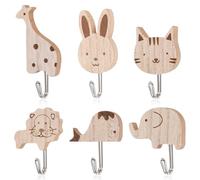 HJZHII Lot de 6 patères autocollantes en bois motif animaux mignons, motif éléphant, baleine, chat, lion, lapin, girafe, pour chambre, salle de bain, cuisine