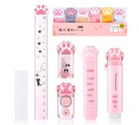HJZHII Lot de 7 articles de papeterie avec pattes de chat mignonnes, taille-crayon rétractable, ruban correcteur, gomme, notes adhésives, règle, mini ciseaux et cutter universel (rose)