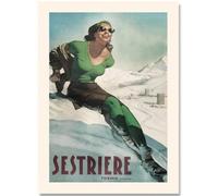 HKAHF AJWUQ Sestriere Italie Vintage Ski Poster Une Femme Voyages Art Mural Impressions Spatiales Nordique Peinture sur Toile pour Salon Décor Photo 15x20cmx1 sans Cadre