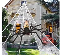 HKC Halloween Decoration 700cm Toile d'Araignée Géante d’Halloween, Fausse Grosse Araignée 150 cm, avec 20 Mini Araignées 40g Coton, Effrayante Décoration Halloween Cour et Jardin Exterieur Intérieur