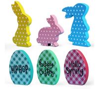 HKC Lot de 6 panneaux en bois de lapin de Pâques et œufs de Pâques, décoration de table en bois de lapin à carreaux de buffle de printemps pour décor de plateau de ferme de Pâques de printemps