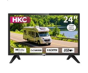 HKC Téléviseur HD 24" 12 V, Freeview DVB-T2/C/S2 Dolby Audio, HDMI, VGA, PC, péritel, USB, petit écran de voyage pour camping-car et caravanes