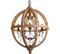 HKCQCQ Lustre d'extérieur compatible avec un globe rétro rustique en bois patiné de 61 cm de large, éclairage suspendu en cristal à 5 lumières,match parfait