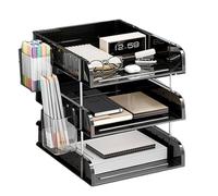 HKeeper Bac à papier empilable, rehaussé avec barres de support pour un accès facile, bac à courrier A4, organiseur de bureau (3) (noir, 3 niveaux)