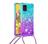 Hkess Coque Glitter Liquide Compatible pour Samsung Galaxy A51 avec Cordon Collier Réglable, Brillante Paillette Quicksands Case Housse, Silicone Antichoc Lanyard Protection Bumper pour Smartphone