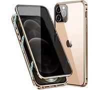 Hkess Coque iPhone 12 / iPhone 12 Pro Anti-Peep Magnétique Adsorption Étui Métal Bumper Frame Case Double Face Privacy Verre Trempé Protection Housse Flip Or