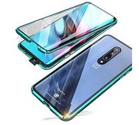 Hkess Coque pour OnePlus 8 Cover Magnétique Adsorption Ultra Mince Full Body 360 Degrés Protection étui Transparent Verre Trempé Plein écran Avant et Après Housse Bumper Métal Frame Flip Case,Vert