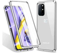 Hkess Coque pour OnePlus 8T Cover Magnétique Adsorption Ultra Mince Full Body 360 Degrés Protection étui Transparent Verre Trempé Plein écran Avant et Après Housse Bumper Métal Frame Flip Case,Argent