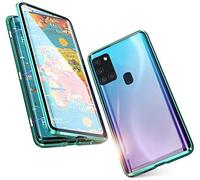 Hkess Coque pour Samsung Galaxy A21s Étui Magnétique Adsorption Technologie 360 Degrés Protection Case Avant et Après Transparent Verre Trempé Housse Bumper Métal Frame Etui Flip Cover,Vert