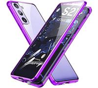 Hkess Coque pour Samsung Galaxy S21 Plus 5G Cover Magnétique Adsorption Ultra Mince Protection étui Transparent Verre Trempé Plein écran Avant et Après Housse Bumper Métal Frame Flip Case,Pourpre