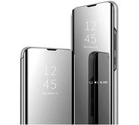 Hkess Coque pour Samsung Galaxy S22 Étui Housse Translucide Plating Standing Clear View Cover avec Support Fonction Flip Miroir Case 360 degrés Protection Antichoc Housse,Argenté