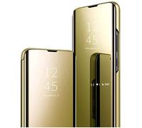 Hkess Coque pour Xiaomi Mi 10T / Mi 10T Pro 5G Étui Housse Translucide Plating Standing Clear View Cover avec Support Fonction Flip Miroir Case 360 degrés Protection Antichoc Housse,Or