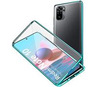 Hkess Coque pour Xiaomi Redmi Note 10 / Note 10S Cover Magnétique Adsorption Ultra Mince Protection étui Transparent Verre Trempé Plein écran Avant et Après Housse Bumper Métal Frame Flip Case,Vert