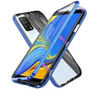 Hkess Coque pour Xiaomi Redmi Note 10 Pro Cover Magnétique Adsorption Protection étui Transparent Verre Trempé Plein écran Avant et Après Housse Bumper Métal Frame Flip Case,Bleu Clair