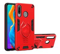 Hkess Housse pour Huawei P30 Lite Coque avec Anneau Support 2 en 1 Case Double Couche Défense Bumper Souple TPU Silicone + Rigide PC Antichoc Armure Back Cover Etui pour P30 Lite Coque,Rouge