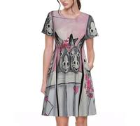 HKHLHLH Robe d'été à manches courtes avec poches pour femme - Imprimé âne et fleur - Jupe d'été douce - Taille élastique - Robe décontractée fluide, Noir , XXL